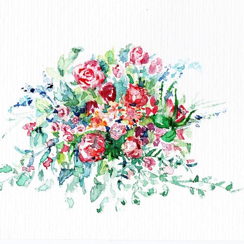 Aquarelle Originale Carte De Voeux Botanique Fleurs Bouquet Carte Un Grand Marche