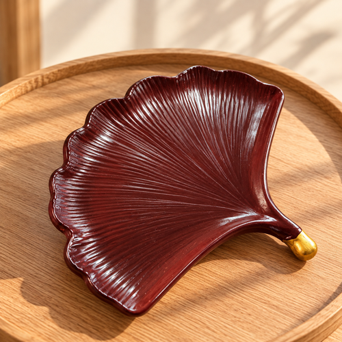 Vide-poche feuille de ginkgo – bordeaux & or – création artisanale