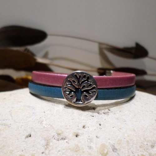 Bracelet manchette arbre de vie cuir bicolore bleu rose, bijou ajustable idée cadeau femme ado