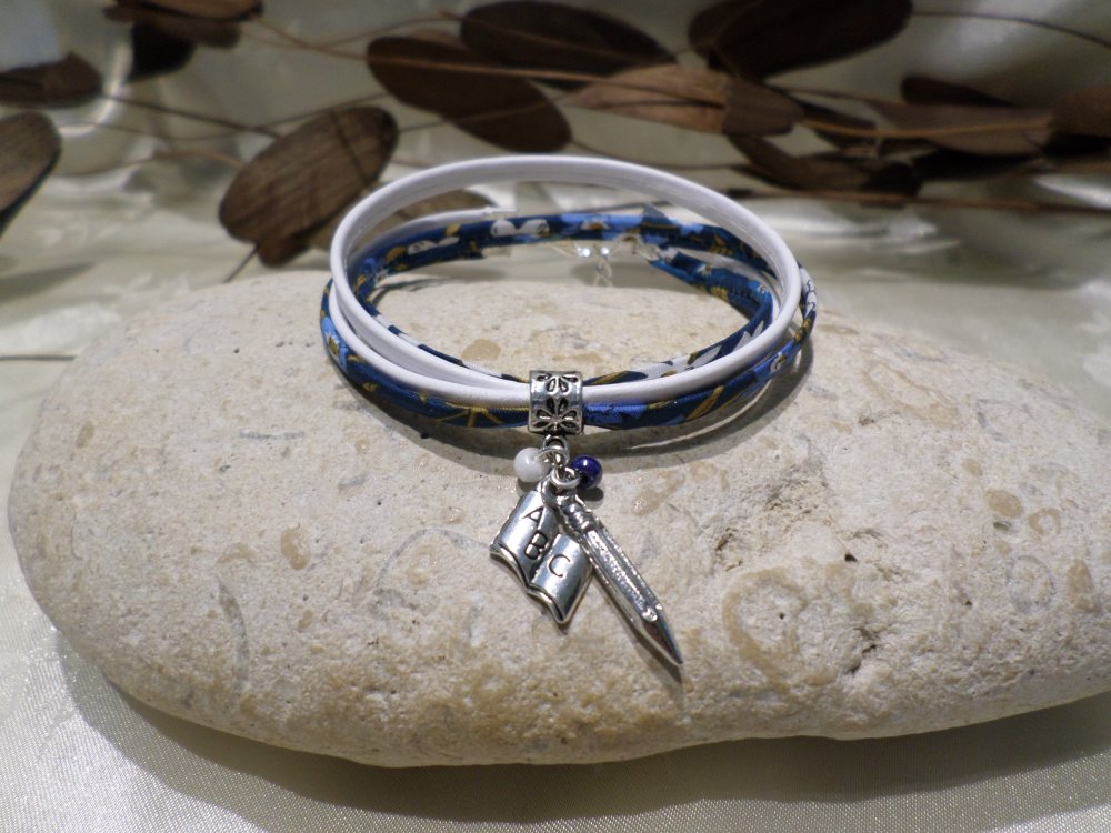 bracelet maitresse cadeau liberty cartable bleu et bronze cadeau original 