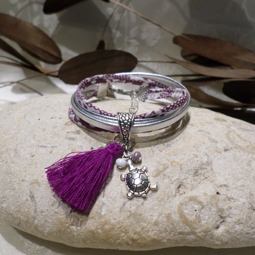 Bracelet tortue en cordon liberty fleuri violet cuir argenté, bijou original, cadeau enfant fille