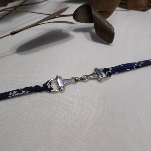 Bracelet mors de cheval et liberty bleu marine, bijou original, cadeau enfant fille, bracelet ado femme