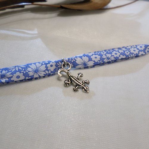 Bracelet salamandre fille en tissu liberty fleuri bleu, bijou original, cadeau enfant