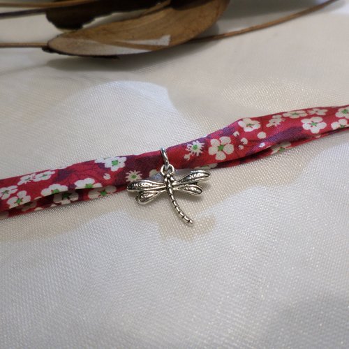 Bracelet libellule fille en tissu liberty fleuri rouge, bijou original, cadeau enfant