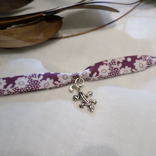 Bracelet enfant fille en tissu liberty fleuri violet et salamandre, bijou original, idée cadeau