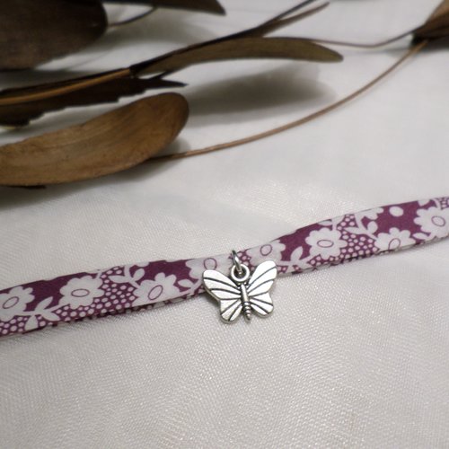 Bracelet enfant fille papillon en tissu liberty fleuri violet, bijou original, idée cadeau