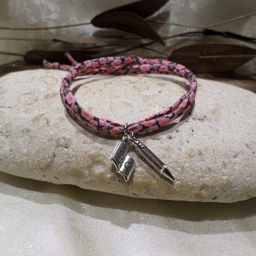Bracelet maîtresse tissu liberty rose, bijou cadeau fin d'année scolaire