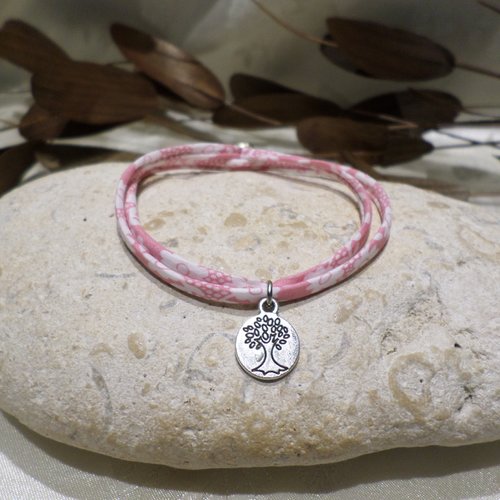 Bracelet liberty tissu fleuri rose et pendentif arbre de vie, bijou original, idée cadeau ado femme