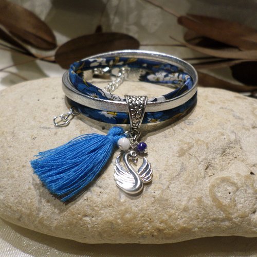 Bracelet fille liberty bleu marine cuir argenté pendentif cygne