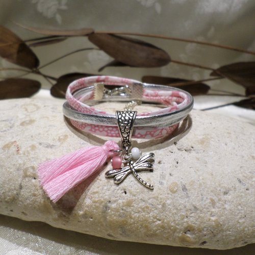 Bracelet petite libellule tissu rose bijou porte-bonheur enfant fille