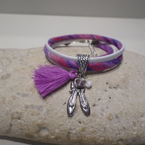Bracelet ballerine de danse tissu liberty violet et cuir bijou personnalisé original idée cadeau