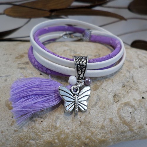 Bracelet fille cordon liberty mauve pendentif papillon bijou personnalisé cadeau enfant