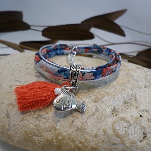 Bracelet fille tissu liberty orange bleue petit poisson bijou personnalisé cadeau enfant
