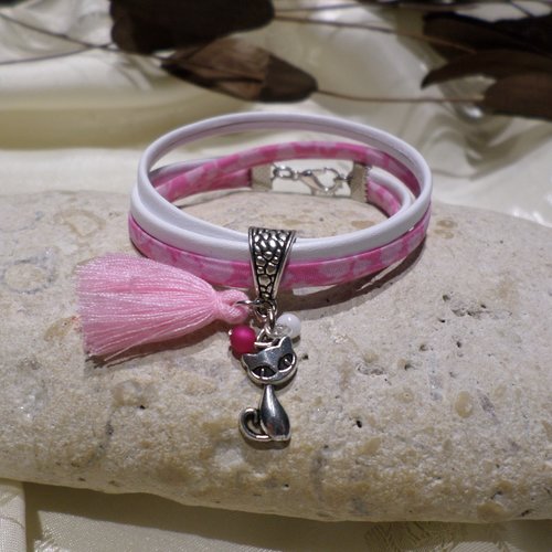 Bracelet fille chat tissu rose bijou personnalisé original cadeau enfant
