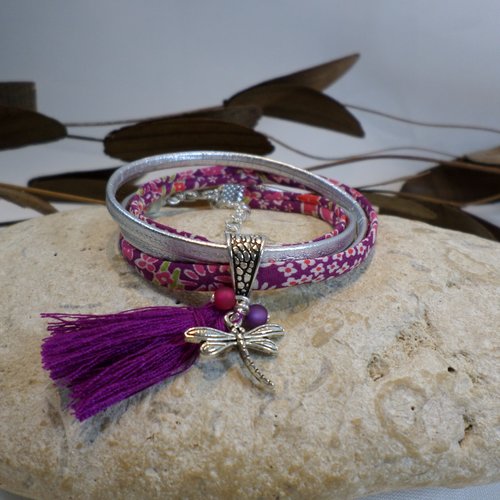 Bracelet fille libellule cuir argenté tissu liberty violet bijou personnalisé enfant idée cadeau
