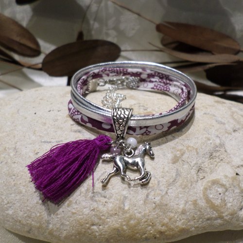 Bracelet cheval fille en liberty violet et cuir argenté