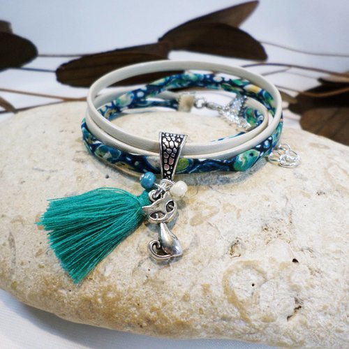 Bracelet fille chat liberty vert cuir beige bijou enfant idée cadeau
