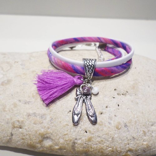 Bracelet ballerine de danse tissu liberty violet et cuir bijou personnalisé original idée cadeau