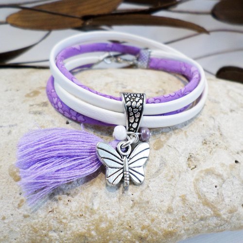 Bracelet fille cordon liberty mauve pendentif papillon bijou personnalisé cadeau enfant
