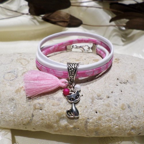 Bracelet fille chat tissu rose bijou personnalisé original cadeau enfant