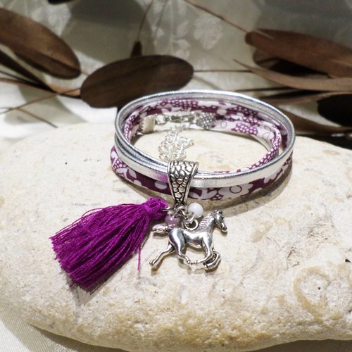 Bracelet cheval fille en liberty violet et cuir argenté