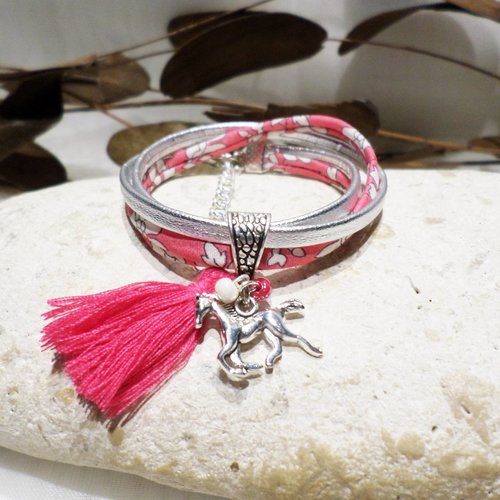 Bracelet cheval fille en liberty fuchsia et cuir argenté