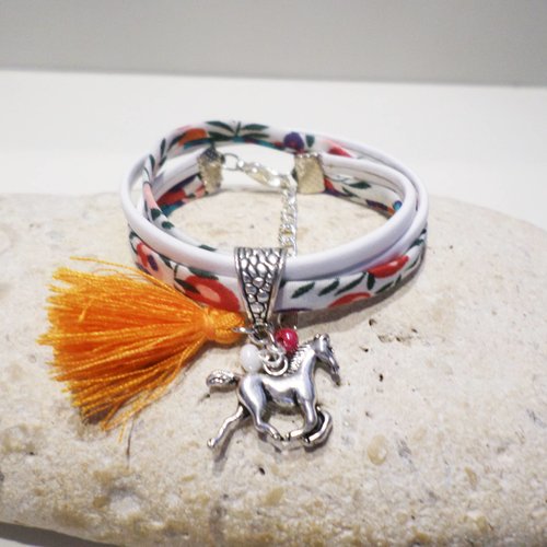 Bracelet cheval fille tissu liberty multicolore et cuir blanc, bijou personnalisé cadeau enfant