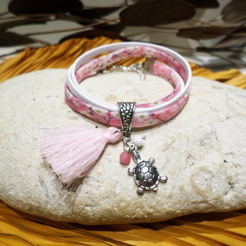 Bracelet tortue cuir et liberty rose, bijou original idée cadeau