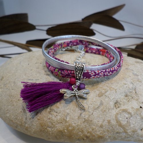 Bracelet libellule cuir argenté tissu liberty violet, bijou personnalisé idée cadeau