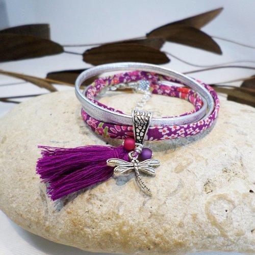 Bracelet libellule cuir argenté tissu liberty violet, bijou personnalisé idée cadeau