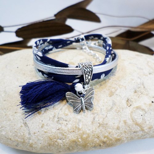Bracelet papillon tissu liberty bleu marine cuir argenté, bijou personnalisé idée cadeau
