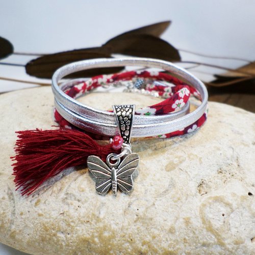 Bracelet papillon tissu liberty bordeaux cuir argenté, bijou personnalisé idée cadeau