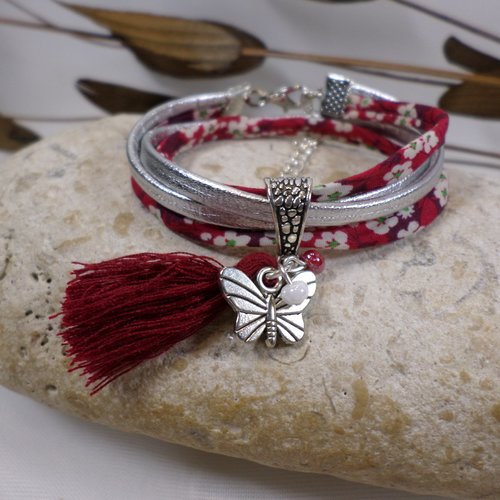 Bracelet papillon tissu liberty bordeaux cuir argenté, bijou personnalisé idée cadeau