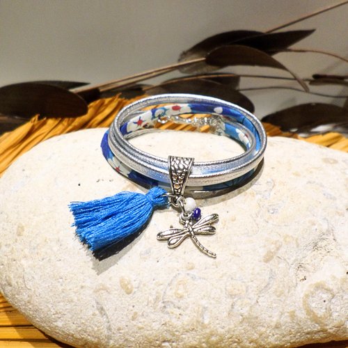 Bracelet fille pendentif libellule cuir argenté liberty bleu bijou enfant idée cadeau