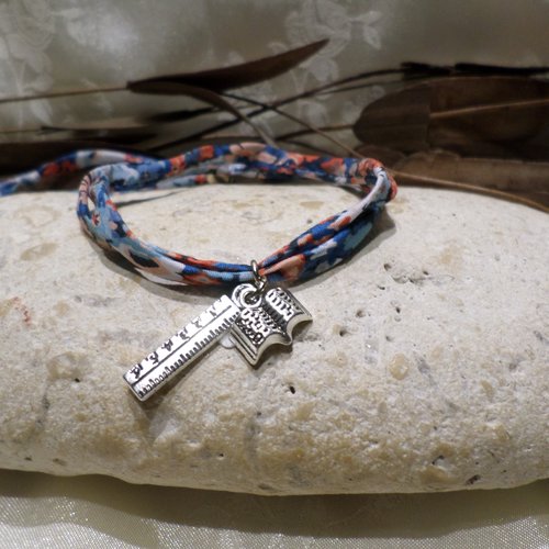 Bracelet maîtresse en cordon liberty fleuri bleu et orange, bijou cadeau fin d'année scolaire