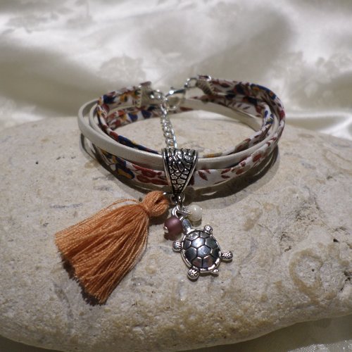 Bracelet tortue tissu et cuir marron, bijou original, idée cadeau enfant fille