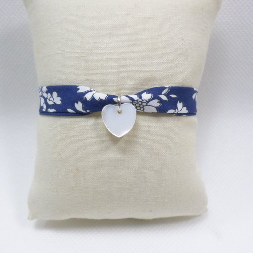 Bracelet liberty fleuri bleu marine et cœur en nacre - bijou poétique pour femme, ado, fille