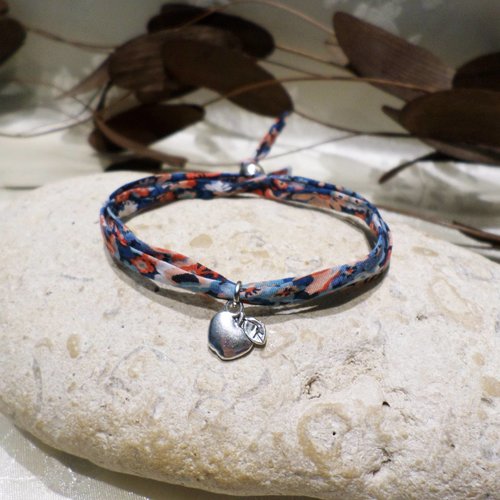 Bracelet liberty multicolore et pendentif pomme argenté, bijou original, idée cadeau ado femme