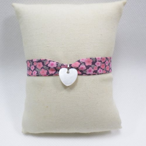 Bracelet liberty fleuri rose et cœur en nacre - bijou romantique pour femme, ado, fille
