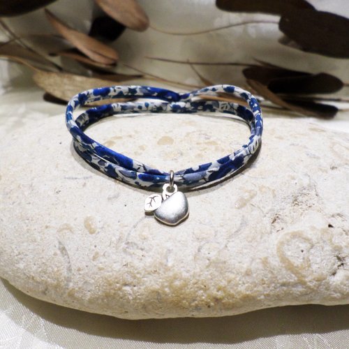 Bracelet liberty bleu marine et pendentif pomme argenté, bijou idée cadeau ado femme