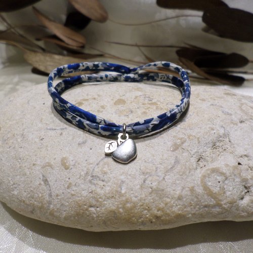 Bracelet liberty bleu marine et pendentif pomme argenté, bijou idée cadeau ado femme