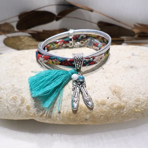 Bracelet ballerine de danse tissu multicolore pompon vert - bijou idée cadeau enfant fille