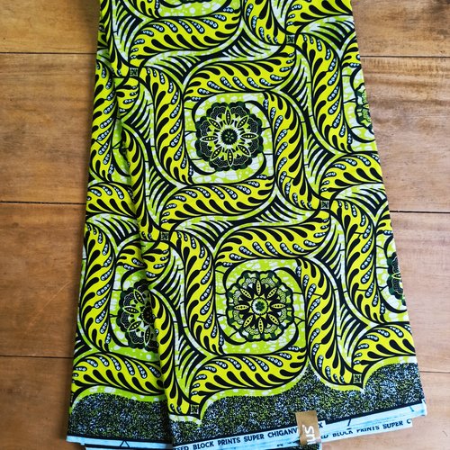 Tissu wax (par 50 centimètres) - damiers verts et jaunes - 100% coton - tissu africain - pagne