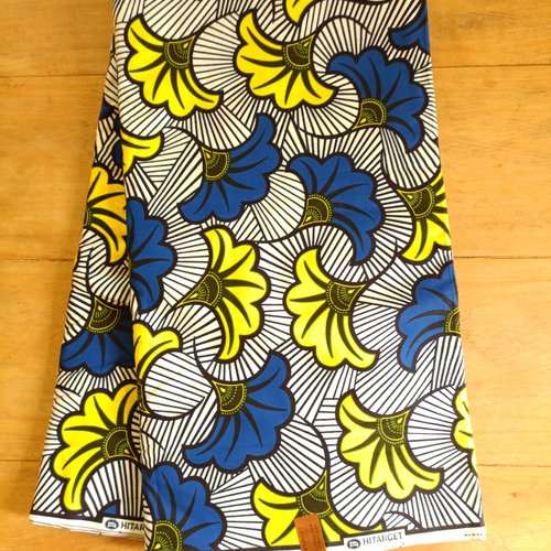Tissu wax - par 50 centimètres - "fleurs de mariage" bleues et jaunes su fond blanc - 100% coton - tissu africain - pagne