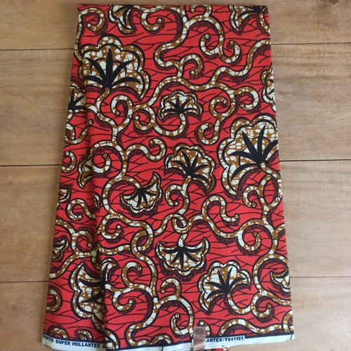 Tissu wax - par 50 centimètres - "fleurs de mariage" rouges et mordorées - 100% coton - tissu africain - pagne