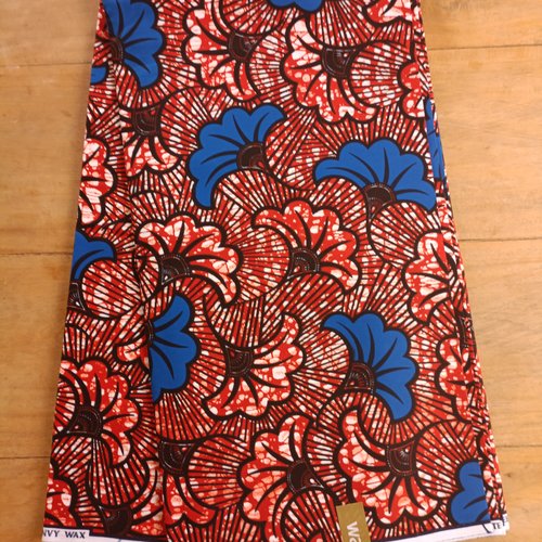 Tissu wax - par 50 centimètres - "fleurs de mariage" bleues  et rouille - 100% coton - tissu africain - pagne
