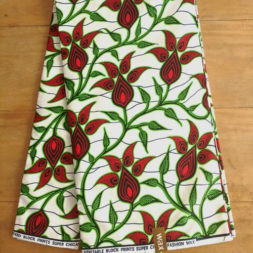 Tissu wax (par unités de 50 cm) - fleurs rouges et feuillage vert - 100% coton - tissu africain - pagne