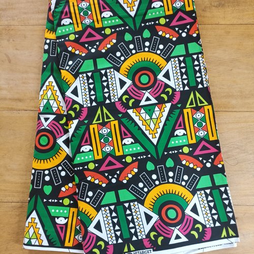 Tissu wax - par 50 centimètres - motifs graphiques verts, jaunes, roses  - 100% coton - tissu africain - pagne