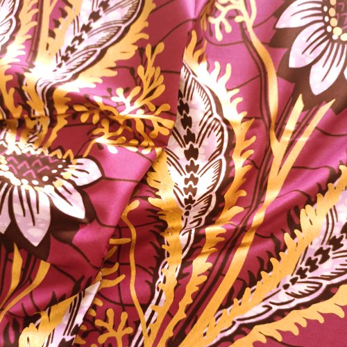 Tissu wax java gold - par 50 centimètres - fleurs violettes aux détails dorés - 100% coton - tissu africain - pagne