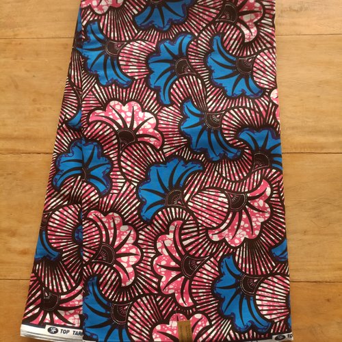 Tissu wax - par 50 centimètres - "fleurs de mariage" bleues et roses - 100% coton - tissu africain - pagne